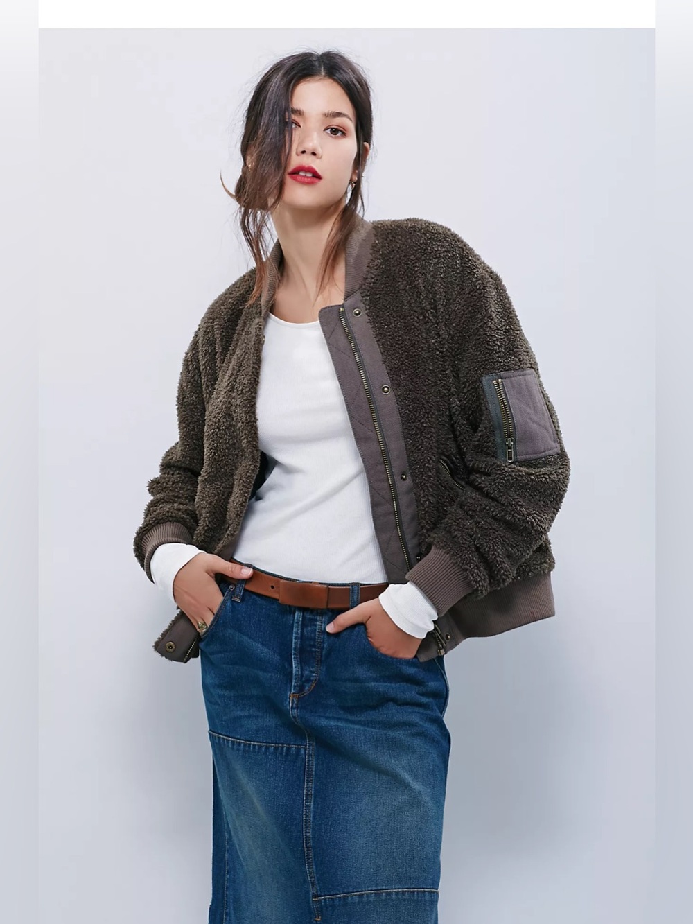 FREE PEOPLE women’s brown dark green Teddy bomber Aviator Jacket size medium